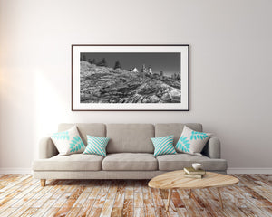 Black and white Maine landscape with striated stone and evergreen trees