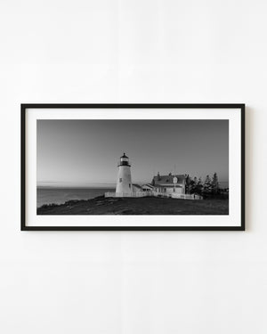 Black and white Pemaquid Point lighthouse on Maine coast