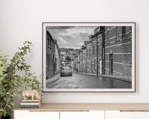 Derry Sloping Street And Brick Facades Black And White Photography