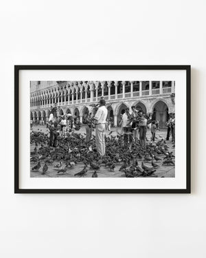 Tourists feeding pigeons in Piazza San Marco Venice in black and white