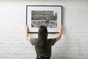 Pigeons gathering in front of Dutch palace and church