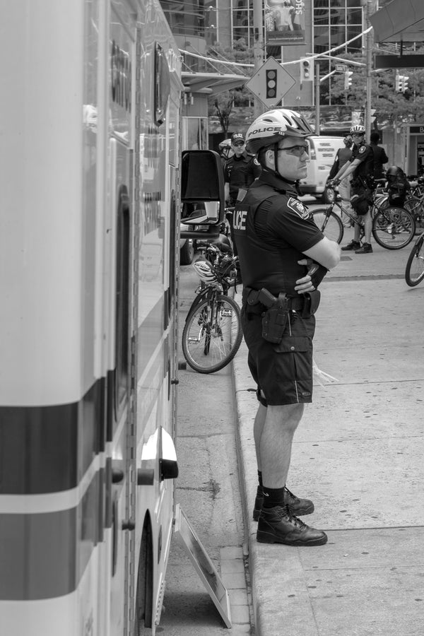 Black-and-white street patrol photo