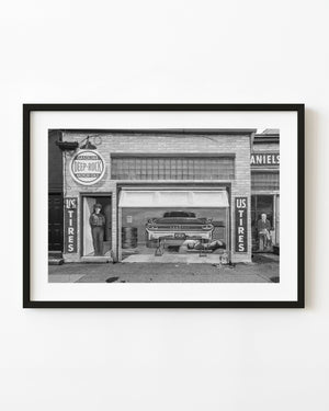 Route 66 garage mural in Pontiac Illinois photographed in black and white