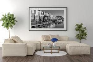 Monochrome photograph of Portland’s working harbour and weathered fish market