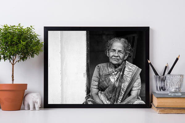 Black and white portrait elderly woman in India