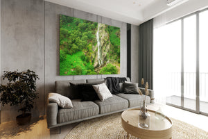 Colour landscape photograph of Powerscourt Waterfall and surrounding Irish woodland