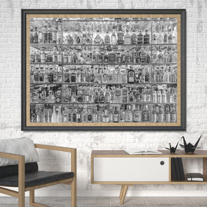 Layered glass shelves displaying miniature bottles in many shapes