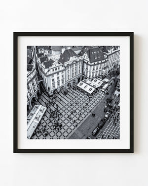 Aerial view of Prague Old Town square in black and white