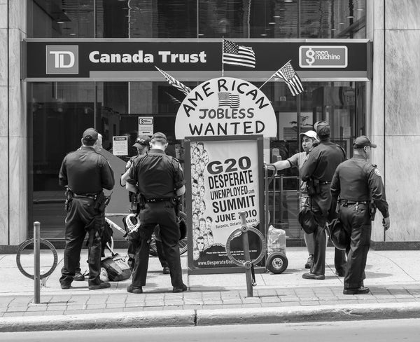 Black and white protest photography G20 Summit