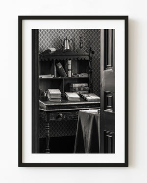 Province House study interior with desk and books black and white