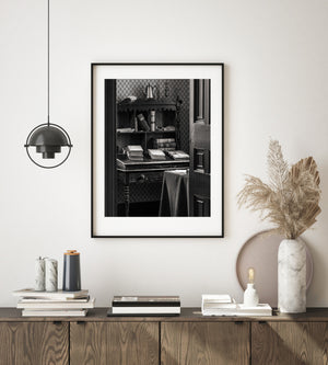 Black and white image of historic Canadian study interior