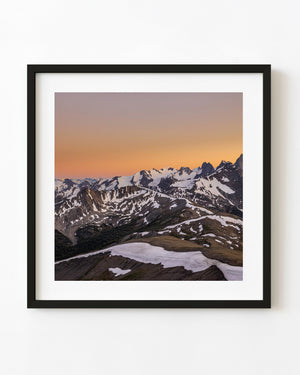 Purcell Mountains at sunset with snow covered alpine ridges