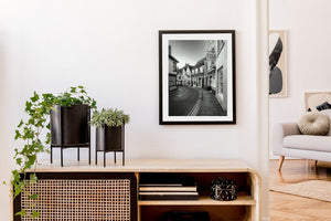 Quaint English village architecture in black and white