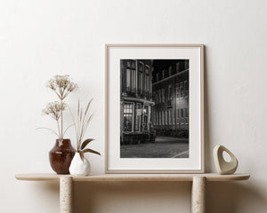 Black and white Dutch city architecture scene