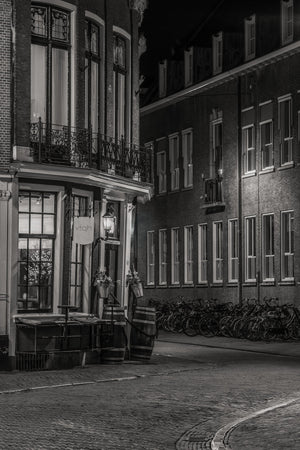 Dutch corner street at night in black and white