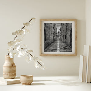 Monochrome photograph of an empty Old Town street in Dubrovnik in January