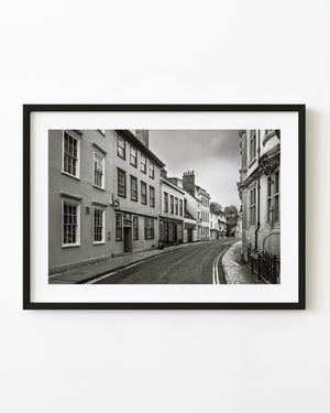 Oxford street with historic buildings in monochrome