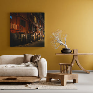 Nighttime street view with warm colour lighting
