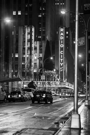 Black and white photo of NYC theater entrance