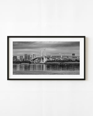 Rainbow Bridge Tokyo skyline black and white waterfront view
