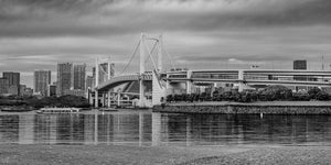 Tokyo skyline with suspension bridge and calm water reflection