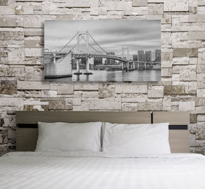Panoramic view of Rainbow Bridge against Tokyo waterfront architecture