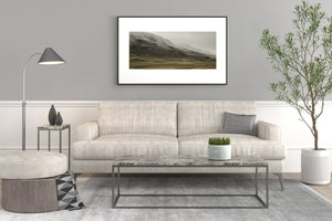 Nordic countryside farm surrounded by mist and volcanic hills