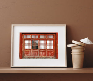 Close-up of red wooden door at the Great Wall