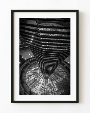 Reichstag glass dome interior with a mirrored central cone in black and white