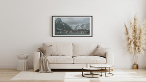 Panoramic view of Reine harbour and its towering mountain backdrop