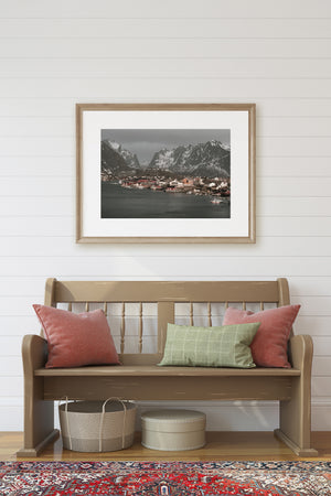 Colour landscape photograph of Reine village and its mountainous Lofoten setting