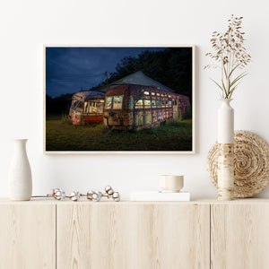 Close-up of an abandoned trolley's rust-eaten wheels and tracks, symbolizing the end of its journey and the passage of time.