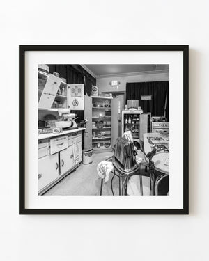 Retro Route 66 kitchen filled with vintage appliances in black and white