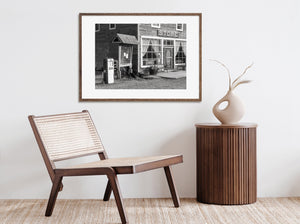 Historic rural shop captured in monochrome