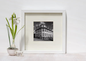 Reykjavik residential building with rooftop structure black and white