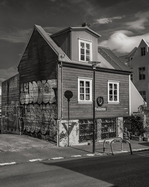 Iceland Reykjavik urban street house with graffiti wall monochrome