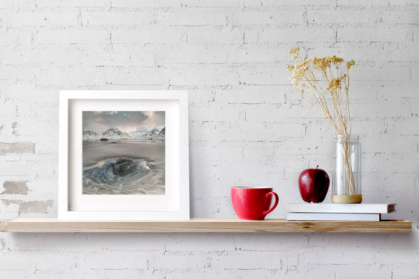 Snowy mountains at Skagsanden Beach