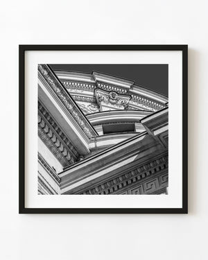 Ornate architectural details of the Romanian Athenaeum in black and white