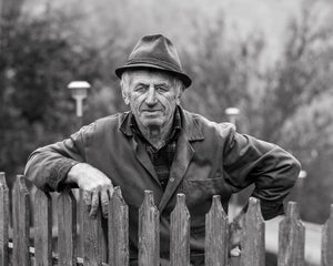 elderly farmer portrait Romania countryside black and white image