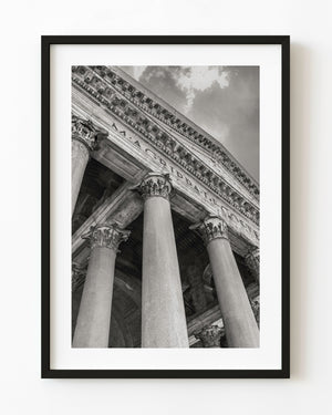 Pantheon columns and carved capitals viewed from below in Rome