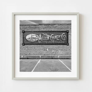 Black and white photo of Allen Candy mural in Pontiac Illinois