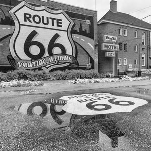 Historic Route 66 scene captured in black and white