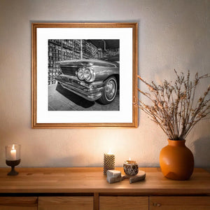 Automotive detail shot with retro memorabilia wall