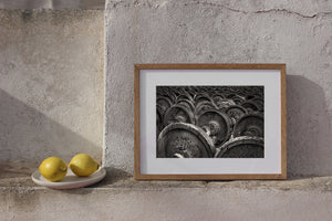 Weathered steel railway wheels forming overlapping circular patterns