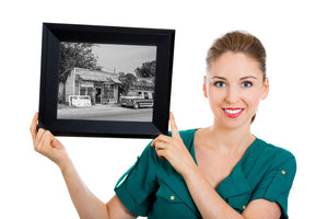 Classic 70s van in front of record shop