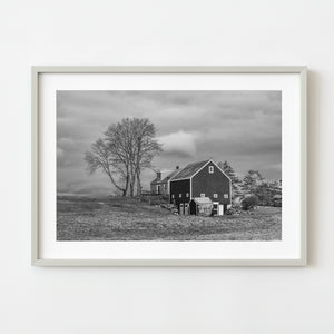 Rural farmhouse and barn Maine black and white