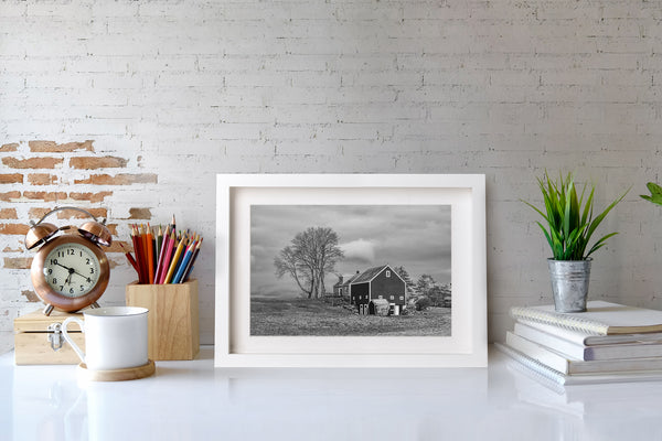 Quiet countryside farmhouse and barn black and white