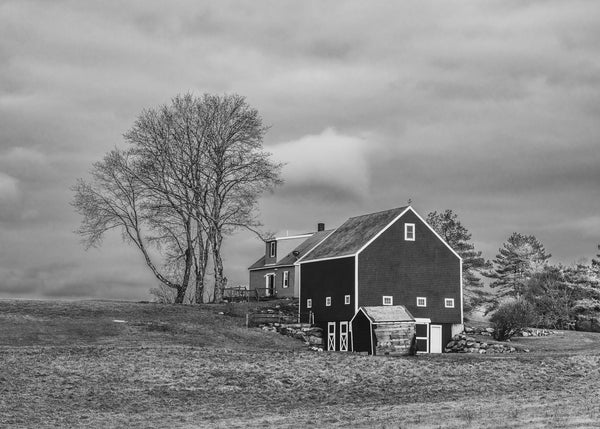 Maine countryside farmhouse barn black and white