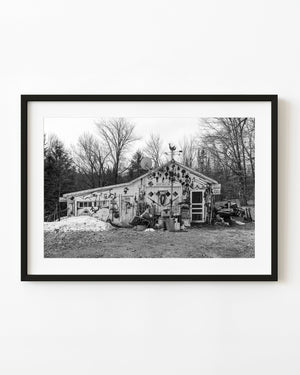 Black and white photograph of a rural Ontario antique shop