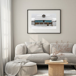 Blue Ontario Barn Beneath a Snow Covered Roof Winter Wall Art